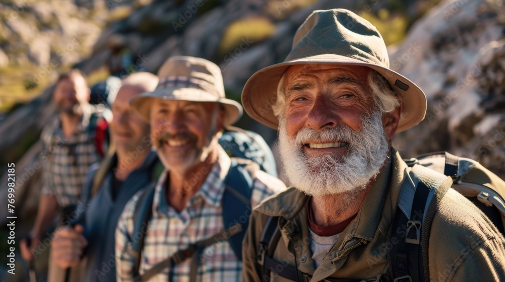 For Men. Hiking Adventure: Groups of Old Men Smiling on a Mountain Trek for Fitness and Friendship