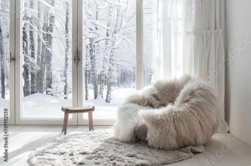 A white room with an armchair, fluffy fur and carpet on the floor next to it