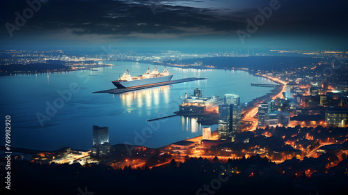 Twinkling Night Skyline, Vibrant City Lights, and Bustling Seaport: A Stunning Night View of Gdynia, Poland's Baltic Gem City