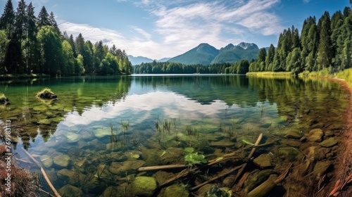 Lake in a mountain valley. Large stone in the lake. Mountainous terrain. Selective focus on stone.