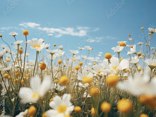 an ultra hyper realistic, minimalist, yellow and white flowers are growing in a field, in the style of bugcore, unusual cropping photo