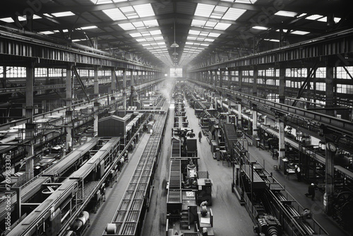 A black and white photo of a factory with many workers and machines
