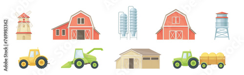 Rural Building and Transport with Tractor, Windmill and Barn Vector Set