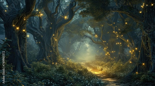 An enchanted forest with magical creatures  glowing plants  ancient trees  a hidden fairy village  mystical ambiance. Resplendent.