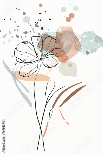 minimalist hand drawn flower head  scandinavian style  white background  watercolor dots  pastel colors