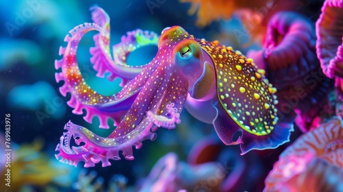 Vibrant Cuttlefish in Colorful Coral Reef - Underwater Enchantment  Majestic Marine Life Amidst Nature s Aquatic Beauty  with Dancing Fish  Swirling Seaweed  and Tranquil Undersea Serenity