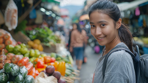 Young woman smiling at the camera in a street market with fresh vegetables in the foreground.