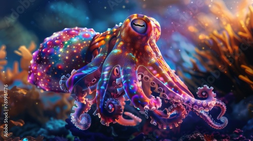 Vibrant Cuttlefish in Colorful Coral Reef - Underwater Delight: Majestic Marine Life Amidst Nature's Aquatic Beauty, with Dancing Fish, Swirling Seaweed, and Tranquil Undersea Serenity