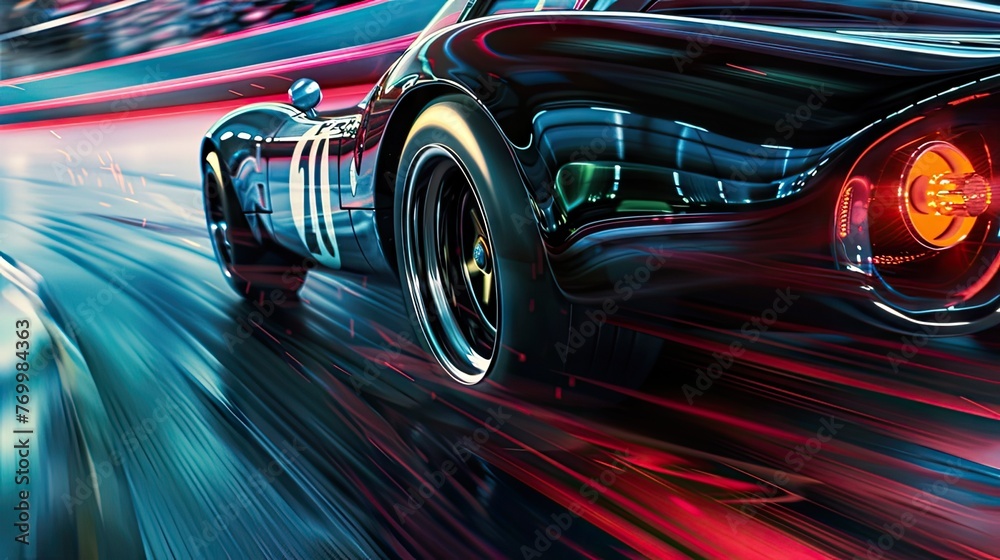 Closeup captures the spinning wheel as the race car tackles the corner, showcasing the adrenaline-fueled action.
