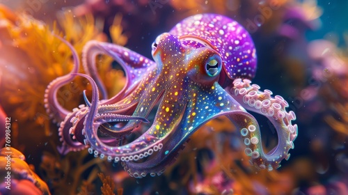 Vibrant Cuttlefish in Colorful Coral Reef - Underwater Wonders: Majestic Marine Life Amidst Nature's Aquatic Beauty, with Dancing Fish, Swirling Seaweed, and Tranquil Serenity Below.