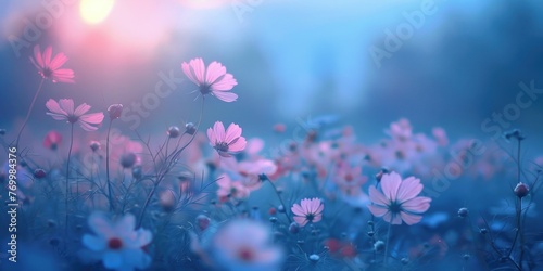 Bloom in Blue: Beautiful Cosmos Flower Field in Autumn Garden Background © AIGen