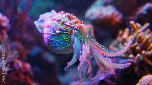 Vibrant Cuttlefish in Colorful Coral Reef - Underwater Wonders: Majestic Marine Life Amidst Nature's Aquatic Beauty, with Dancing Fish, Swirling Seaweed, and Tranquil Serenity Below.