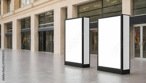 Empty white digital mall kiosk billboard, blank light box advertisement in shopping area for mockup, design, display, marketing created with generative ai photo