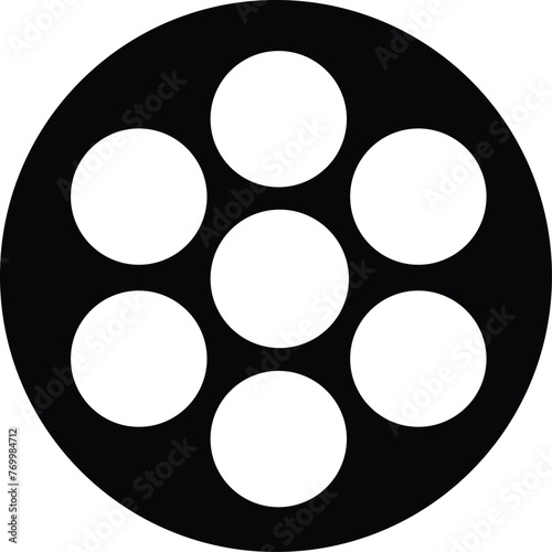 Film reel icon. Black movie reel icon in vintage style. Old retro reel with film strip flat vector isolated on transparent background. Photographic, Curved film strip PNG.