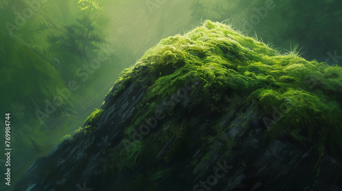 The soft fur of a moss-covered rock in a lush forest, with sunlight filtering through, against a jade green background.