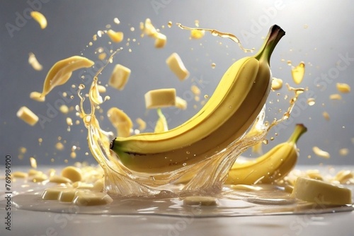  captivating photograph of flying banana slices that are mid-air, gracefully splashing against a pure white background