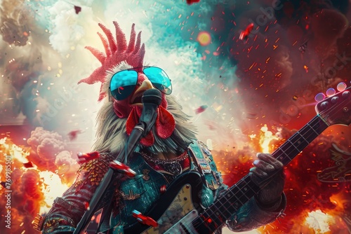 Rocking rooster playing guitar with explosions - A whimsical digital art piece featuring an anthropomorphic rooster rocking out on a guitar amidst fiery explosions