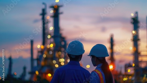 Silhouetted industrial workers against a twilight sky - Silhouettes of two workers wearing safety gear while gazing at an illuminated petrochemical plant against the evening sky embodying industry  © Mickey