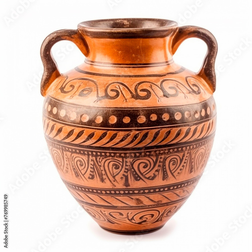 Brown and black antique vase stands on a plain white background. Vase is cylindrical in shape, with intricate patterns and textures. Light reflects off its surface, accentuating its colors.