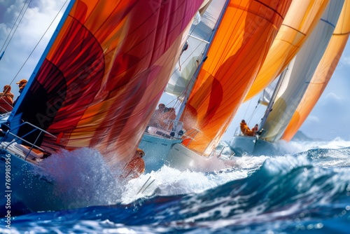 A group of sailboats fiercely racing in the ocean, competitors battling for position with colorful sails