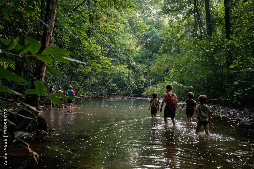 A group of people walking through a river in a dense forest setting