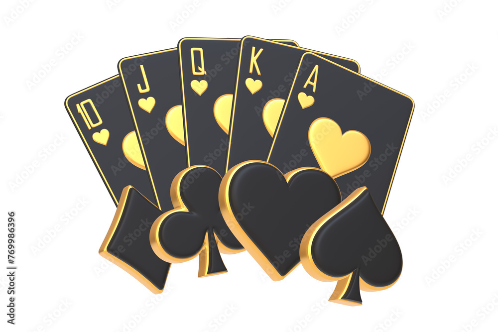 A sleek royal flush in spades, adorned with elegant golden hearts and a striking white background, offers a luxurious take on traditional playing cards. 3D render illustration - obrazy, fototapety, plakaty 