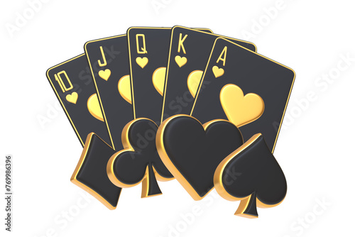 Принти на полотні A sleek royal flush in spades, adorned with elegant golden hearts and a striking white background, offers a luxurious take on traditional playing cards