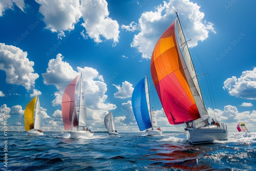 A group of sailboats with colorful sails billowing, racing in the ocean during a regatta - obrazy, fototapety, plakaty 