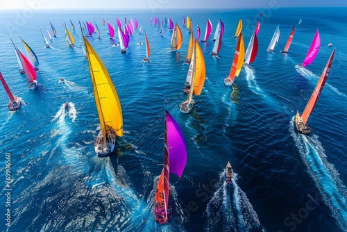 A high-angle shot capturing a large group of sailboats racing across the ocean in a regatta, displaying vibrant colors and intense competition