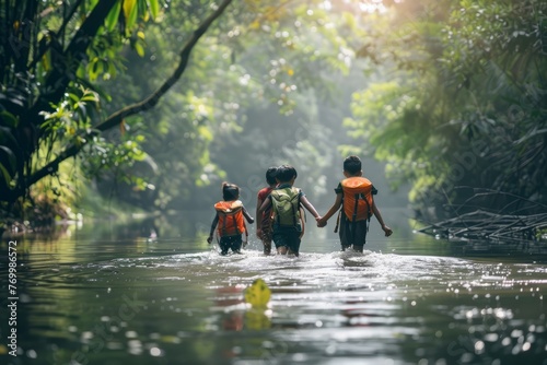 People holding hands as they walk across a river against a forest backdrop in a low angle shot © Ilia Nesolenyi