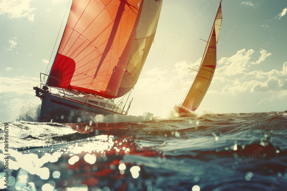 Two sailboats compete neck and neck in the ocean on a sunny day, captured from a spectator boat - obrazy, fototapety, plakaty 
