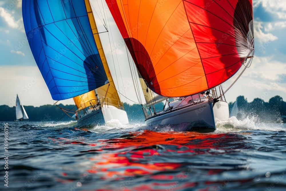 A group of sailboats engaged in a competitive race on the MbBQ waters, showcasing skillful maneuvers and intense competition between two boats - obrazy, fototapety, plakaty 