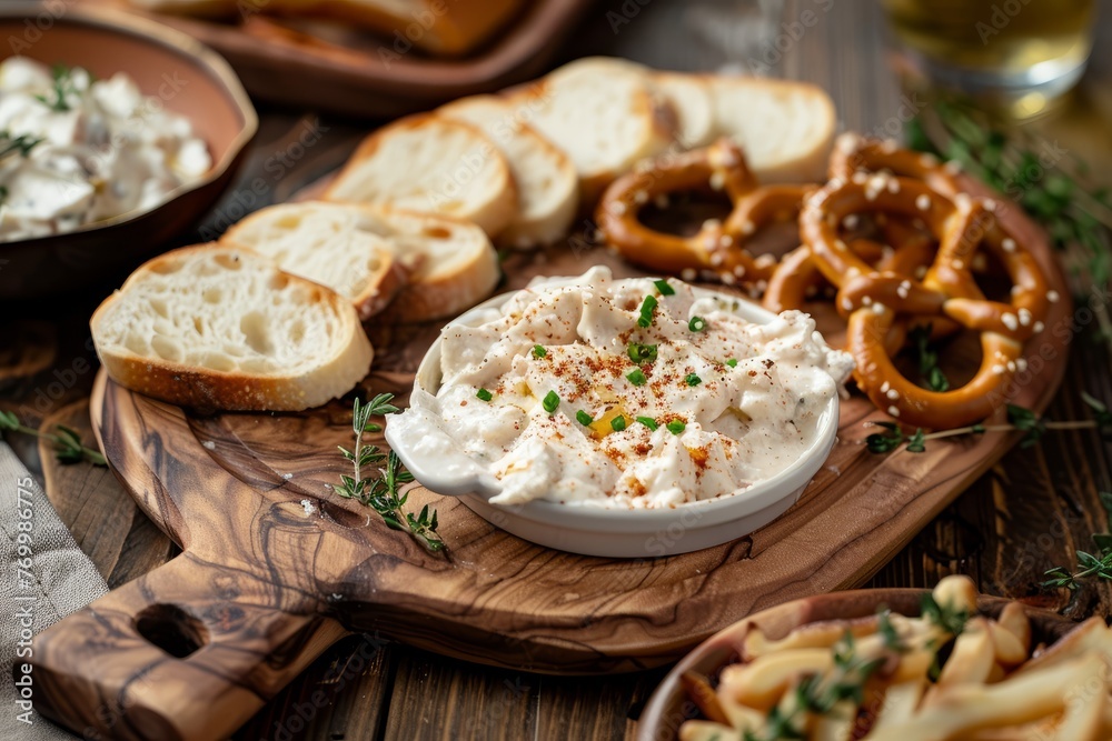 A wooden tray holding a bowl of dip and pretzels