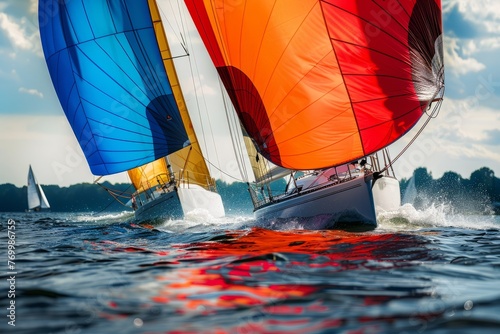 A group of sailboats engaged in a competitive race on the MbBQ waters, showcasing skillful maneuvers and intense competition between two boats