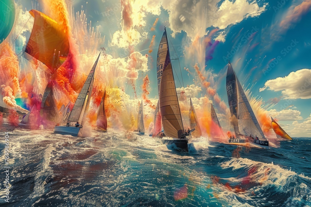 A painting depicting a regatta finish line with multiple sailboats crossing the ocean