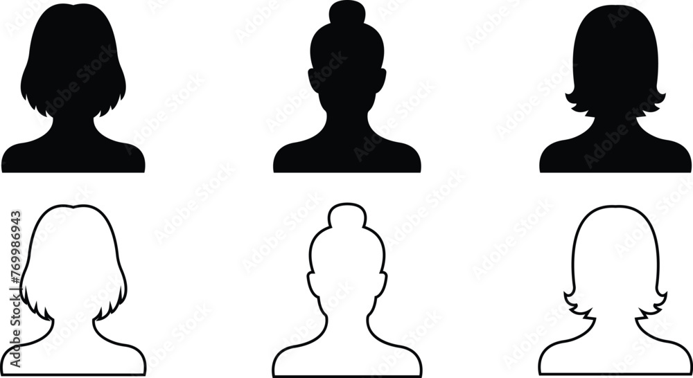 Business avatar profile black icon set. Collection women of user vector symbol in trendy flat or line style isolated on transparent background. Profile diverse face for social network or web.
