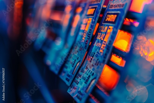 A detailed view of a slot machine with selective focus on the intricate details of the ticket payout system