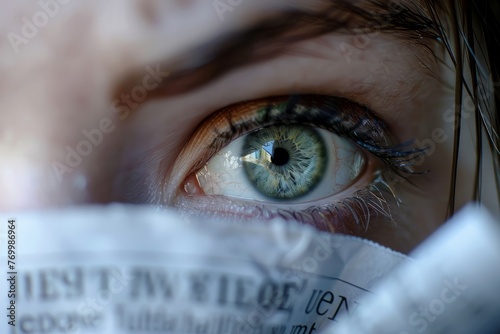 A close-up view of a persons eye with a newspaper held in front of them, showcasing selective focus on the eye