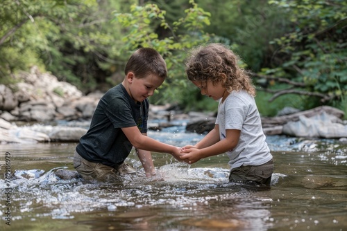 Two children, holding hands, joyfully playing in a river on a sunny day