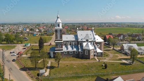 The Catholic Church of Our Lady of Ruzhantsova in the village of Radun. Belarus. Aerial view.