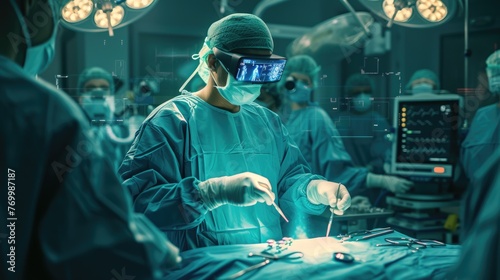 A surgeon  immersed in virtual reality  performs surgery on a patient in an electric blue-lit operating room  blending science  engineering  and the art of fiction. AIG41