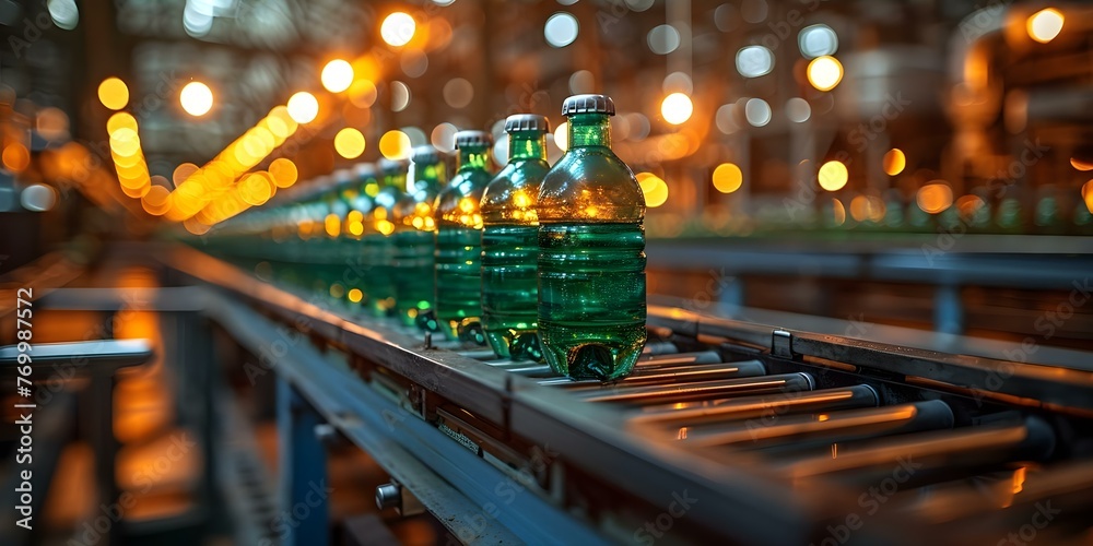 Efficient Beverage Production: Automated Conveyor Belt in a Bottling Plant with Green Bottles. Concept Beverage Production, Automated Conveyor Belt, Bottling Plant, Green Bottles, Efficiency