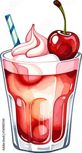 Delicious cherry float topping with cherry and whipped cream isolated cartoon png, watercolor drawing for cold drink, slushie recipe, summer, cherry trifle, refreshment, cocktail menu, diabetes