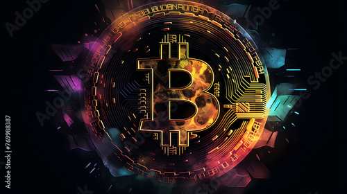 an illustration of a bitcoin on a dark background photo