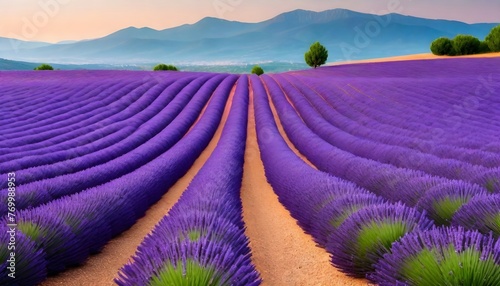 a field of lavender with a mountain in the background