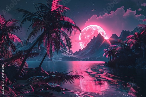 Fantasy landscape with palm trees and lake in the night, Ai Generated