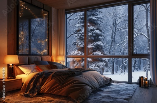 Cozy bedroom with bed  large window overlooking snowy landscape and winter scene