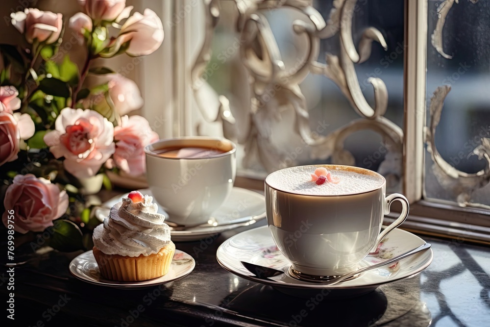 Sunny winter morning in luxury cafe with coffee, flowers, and cupcakes on table