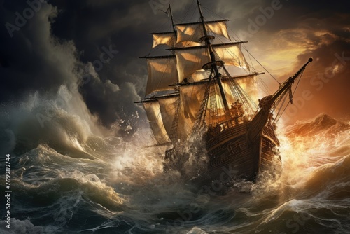 Vintage ship confronting violent ocean waves with billowing sails evoking intense energy and drama