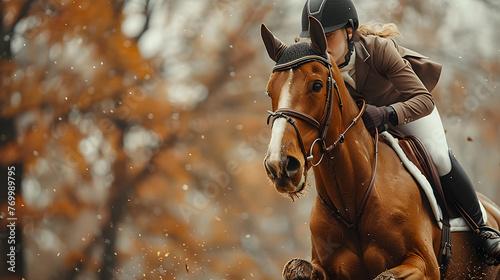 Focused equestrian rider on a bay horse, training amidst a backdrop of golden autumn leaves, capturing the essence of the fall season © kaitong1006